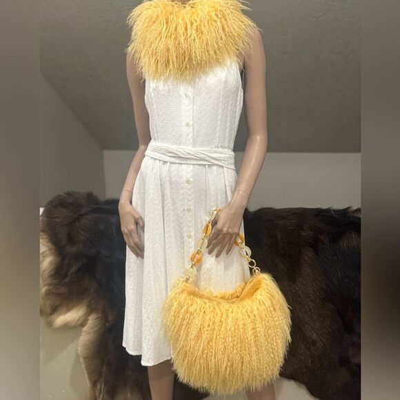 Yellow Real Mongolian Lamb Fur Handmade Stylish Hobo Bag/Multi Use Style - Picture 10 of 17